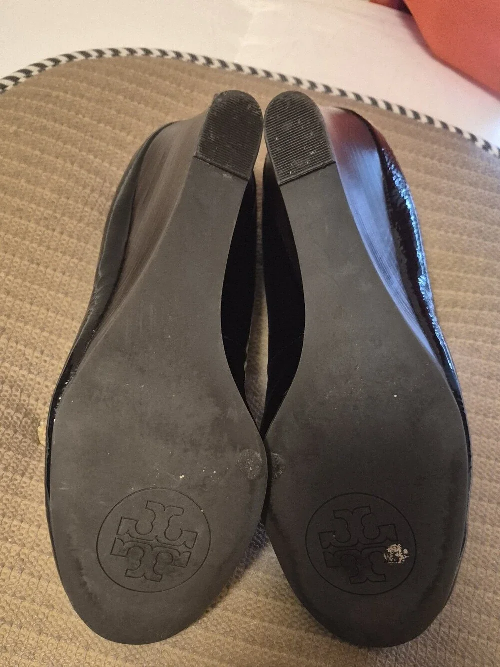 Tory Burch Black Patent Wedge Ballet Flats with Gold Logo